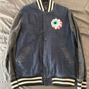 Mishka Denim Varsity Bomber Jacket - Blue/Grey/White - Size Medium - Paisley